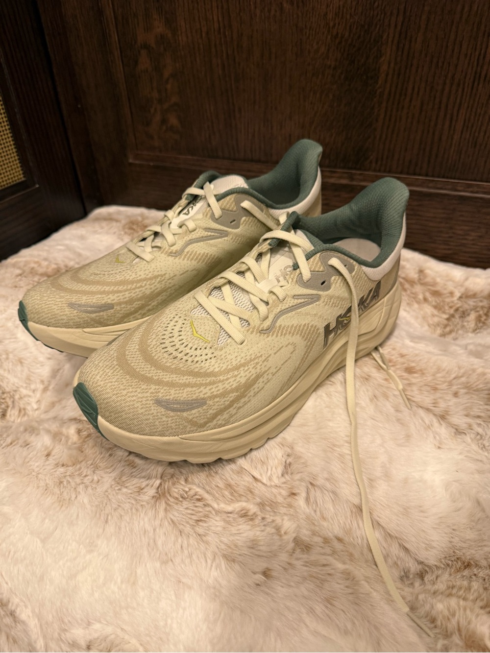Hoka Men’s Athletic Sneakers in Beige with Green Details